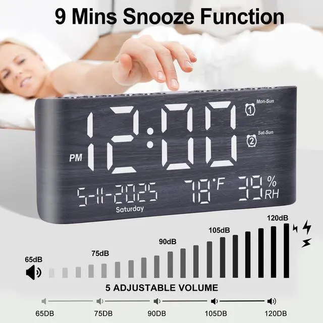 Alt view image 4 of 7 - 8.7inch Digital Alarm Clock for Bedroom-Digital Clock with Day of Week Month Year Humidity & Temperature Brightness Snooze 2 Alarm Clock & 2 USB Charger Desk Clock for Heavy Sleeper