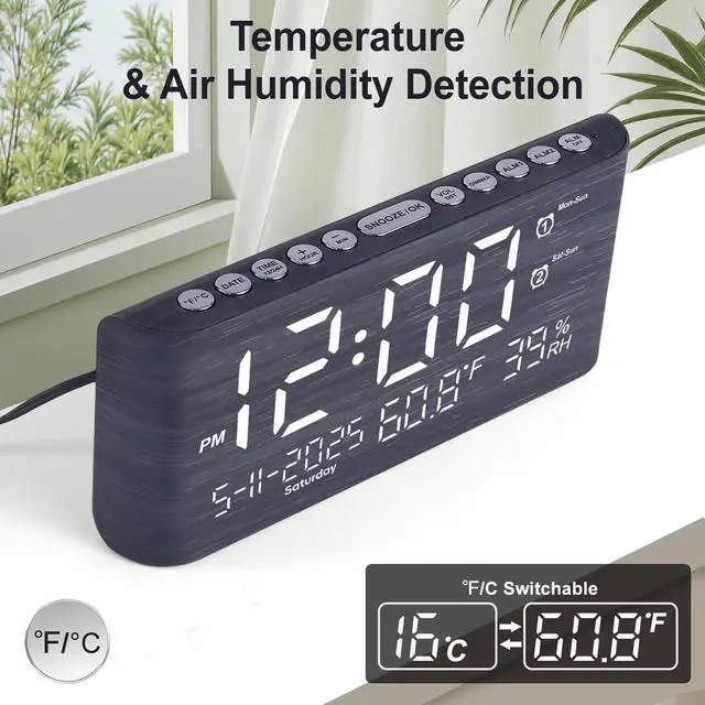 Alt view image 5 of 7 - 8.7inch Digital Alarm Clock for Bedroom-Digital Clock with Day of Week Month Year Humidity & Temperature Brightness Snooze 2 Alarm Clock & 2 USB Charger Desk Clock for Heavy Sleeper