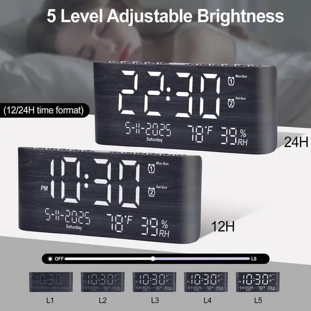 Alt view image 6 of 7 - 8.7inch Digital Alarm Clock for Bedroom-Digital Clock with Day of Week Month Year Humidity & Temperature Brightness Snooze 2 Alarm Clock & 2 USB Charger Desk Clock for Heavy Sleeper
