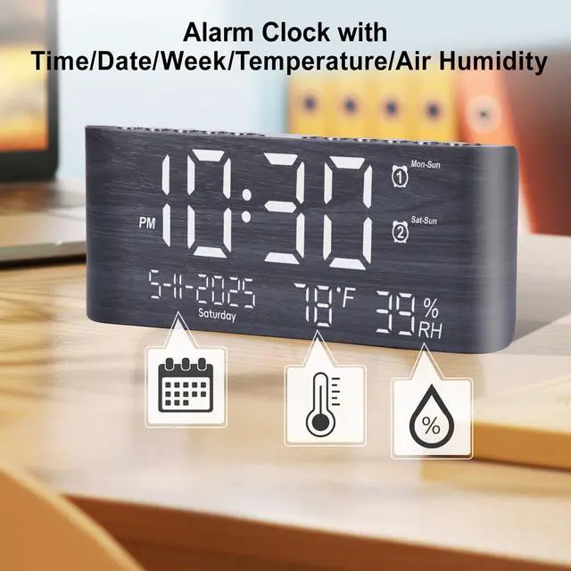 Alt view image 7 of 7 - 8.7inch Digital Alarm Clock for Bedroom-Digital Clock with Day of Week Month Year Humidity & Temperature Brightness Snooze 2 Alarm Clock & 2 USB Charger Desk Clock for Heavy Sleeper