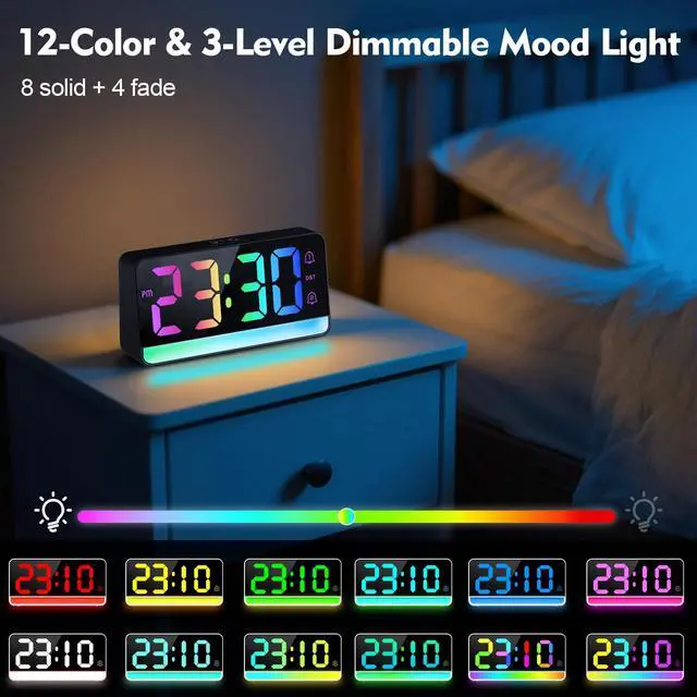Alt view image 2 of 7 - Large RGB Digital Alarm Clock with Dynamic Color Changing Mood Lights, Dual Alarms, Snooze, Adjustable Volume & Brightness, USB Ports, DST, Plug in Clock for Bedrooms, Home Office Desk Decor