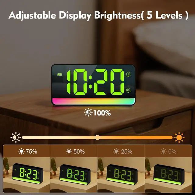 Alt view image 5 of 7 - Large RGB Digital Alarm Clock with Dynamic Color Changing Mood Lights, Dual Alarms, Snooze, Adjustable Volume & Brightness, USB Ports, DST, Plug in Clock for Bedrooms, Home Office Desk Decor