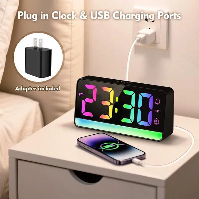 Alt view image 6 of 7 - Large RGB Digital Alarm Clock with Dynamic Color Changing Mood Lights, Dual Alarms, Snooze, Adjustable Volume & Brightness, USB Ports, DST, Plug in Clock for Bedrooms, Home Office Desk Decor