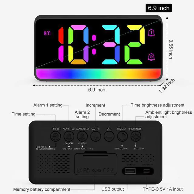 Alt view image 7 of 7 - Large RGB Digital Alarm Clock with Dynamic Color Changing Mood Lights, Dual Alarms, Snooze, Adjustable Volume & Brightness, USB Ports, DST, Plug in Clock for Bedrooms, Home Office Desk Decor
