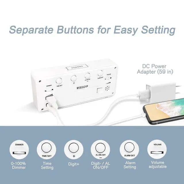 Alt view image 7 of 7 - 7.5 Inches Huge Digital Alarm Clock for Seniors & Visually Impaired, Easy Set, USB Charging Port, 0-100% Dimmer, Snooze, Adjustable Volume, Outlet Powered for Bedroom