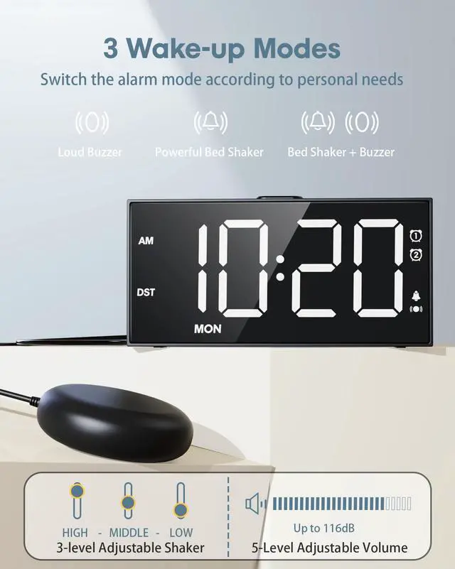 Alt view image 2 of 7 - Alarm Clock with Bed Shaker for Heavy Sleepers, 3-Level Vibration, Dual Alarms with Weekday & Weekend Mode, Large Digits, Dimmer, Snooze, USB Charger, Battery Backup
