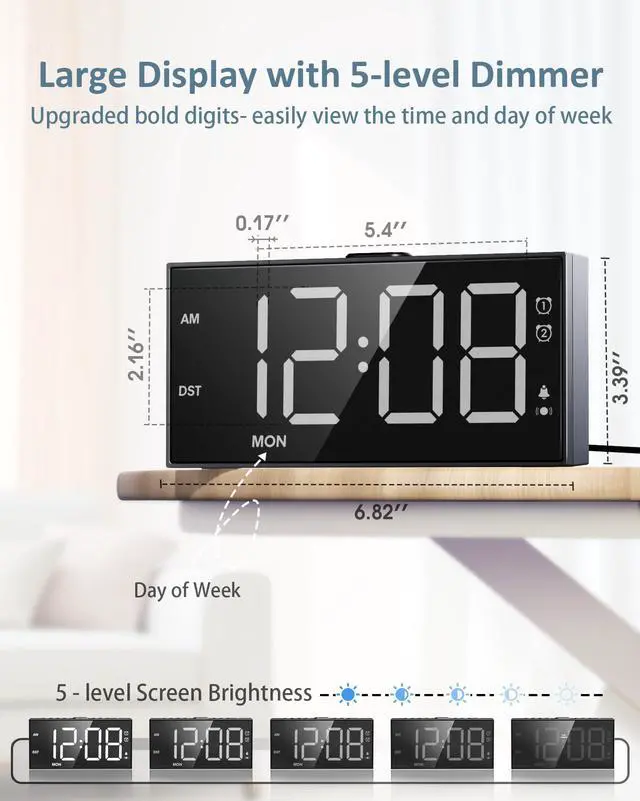 Alt view image 3 of 7 - Alarm Clock with Bed Shaker for Heavy Sleepers, 3-Level Vibration, Dual Alarms with Weekday & Weekend Mode, Large Digits, Dimmer, Snooze, USB Charger, Battery Backup