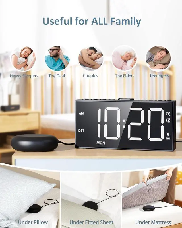 Alt view image 7 of 7 - Alarm Clock with Bed Shaker for Heavy Sleepers, 3-Level Vibration, Dual Alarms with Weekday & Weekend Mode, Large Digits, Dimmer, Snooze, USB Charger, Battery Backup