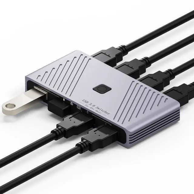 Main image of USB 3.0 Switch, 4 Computers Sharing 4 USB Devices, One-Button Switcher for Keyboard Mouse Printer Scanner, USB Peripheral Sharing Hub for PC Laptop with 2 USB 3.0 Cables, Aluminum Alloy Case