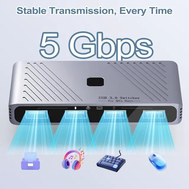 Alt view image 3 of 7 - USB 3.0 Switch, 4 Computers Sharing 4 USB Devices, One-Button Switcher for Keyboard Mouse Printer Scanner, USB Peripheral Sharing Hub for PC Laptop with 2 USB 3.0 Cables, Aluminum Alloy Case