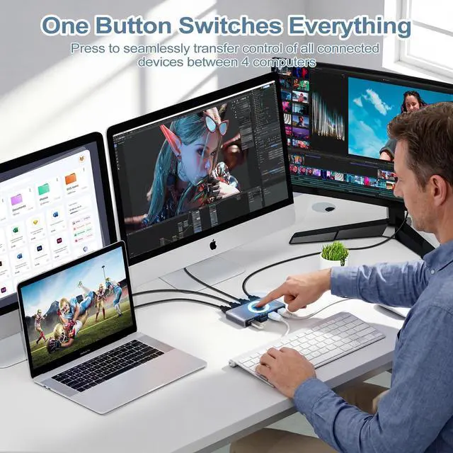 Alt view image 4 of 7 - USB 3.0 Switch, 4 Computers Sharing 4 USB Devices, One-Button Switcher for Keyboard Mouse Printer Scanner, USB Peripheral Sharing Hub for PC Laptop with 2 USB 3.0 Cables, Aluminum Alloy Case