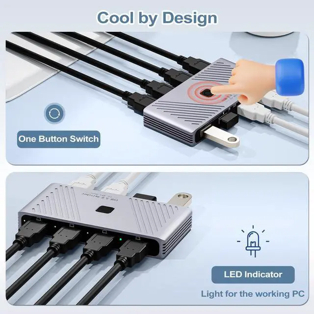 Alt view image 6 of 7 - USB 3.0 Switch, 4 Computers Sharing 4 USB Devices, One-Button Switcher for Keyboard Mouse Printer Scanner, USB Peripheral Sharing Hub for PC Laptop with 2 USB 3.0 Cables, Aluminum Alloy Case