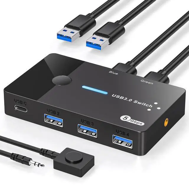 Main image of USB 3.0 Switch 2 Computers Keyboard Mouse Switcher USB A Hub Switches Selector for 2 PC or Laptop Share 3 USB A Ports and 1 USB C Port with Extended Controller