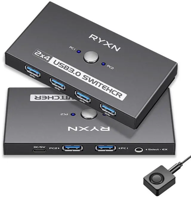 Main image of USB Switcher 2 Computers, USB C Switch 2 Computers Share 4 USB 3.0 Devices, with 1 Desktop Controller, 2 USB 3.0 Cables, 2 USB C Adapter