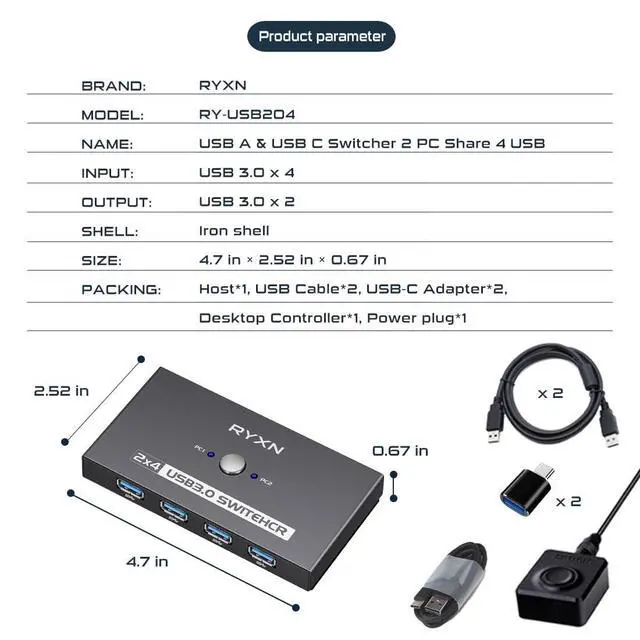 Alt view image 7 of 7 - USB Switcher 2 Computers, USB C Switch 2 Computers Share 4 USB 3.0 Devices, with 1 Desktop Controller, 2 USB 3.0 Cables, 2 USB C Adapter