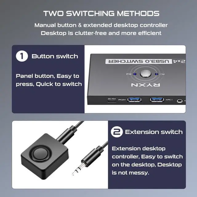 Alt view image 6 of 7 - USB Switcher 2 Computers, USB C Switch 2 Computers Share 4 USB 3.0 Devices, with 1 Desktop Controller, 2 USB 3.0 Cables, 2 USB C Adapter