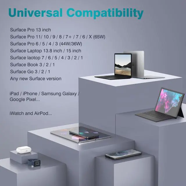 Alt view image 2 of 7 - 65W Laptop Charger Compatible with Microsoft Surface Pro 11, 10, 9, 8, 7+, 7, 6, 5, X, Laptop 7/6/5/4/3/2/1/Studio, Book 3/2/1, Go 4/3/2/1, 10FT