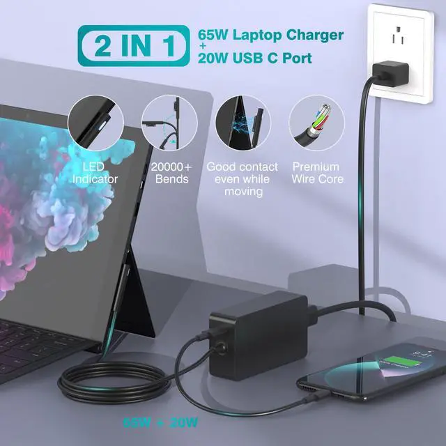 Alt view image 3 of 7 - 65W Laptop Charger Compatible with Microsoft Surface Pro 11, 10, 9, 8, 7+, 7, 6, 5, X, Laptop 7/6/5/4/3/2/1/Studio, Book 3/2/1, Go 4/3/2/1, 10FT