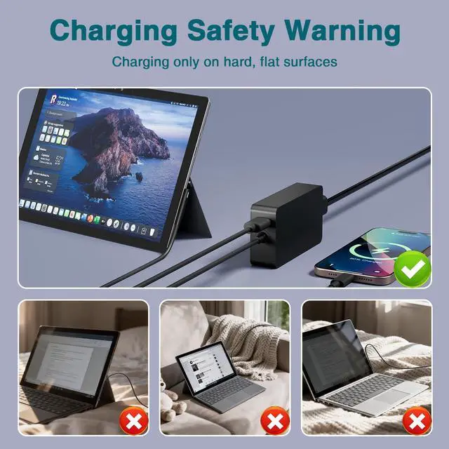 Alt view image 6 of 7 - 65W Laptop Charger Compatible with Microsoft Surface Pro 11, 10, 9, 8, 7+, 7, 6, 5, X, Laptop 7/6/5/4/3/2/1/Studio, Book 3/2/1, Go 4/3/2/1, 10FT