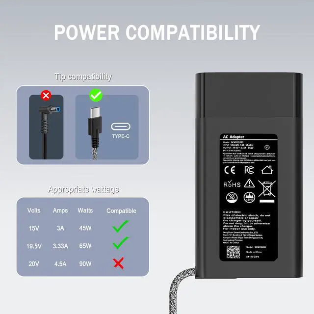 Alt view image 3 of 7 - New Slim 65W USB C Laptop Charger Replacement for HP Laptop Charger Elitebook x360 Pavilion Spectre Chromebook Envy Elite x2 Computer Travel Type C Braided Cable Power Cord Ac Adapter