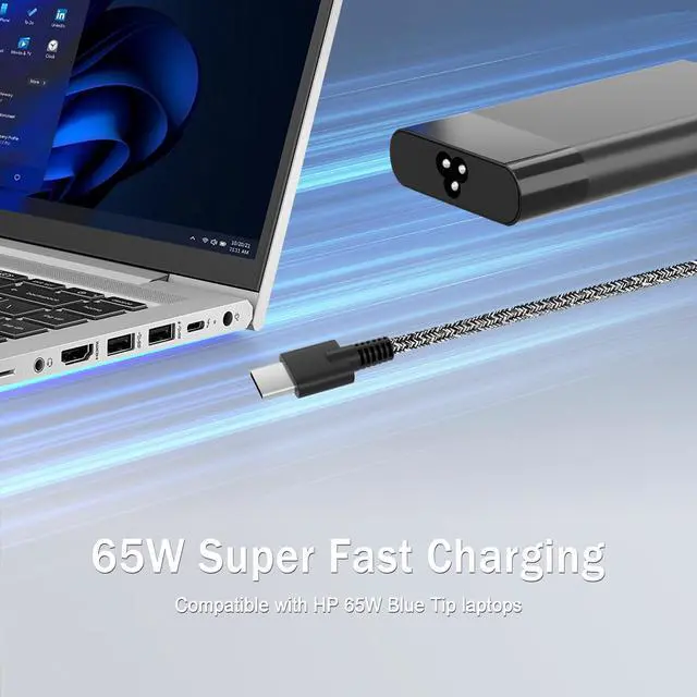 Alt view image 5 of 7 - New Slim 65W USB C Laptop Charger Replacement for HP Laptop Charger Elitebook x360 Pavilion Spectre Chromebook Envy Elite x2 Computer Travel Type C Braided Cable Power Cord Ac Adapter