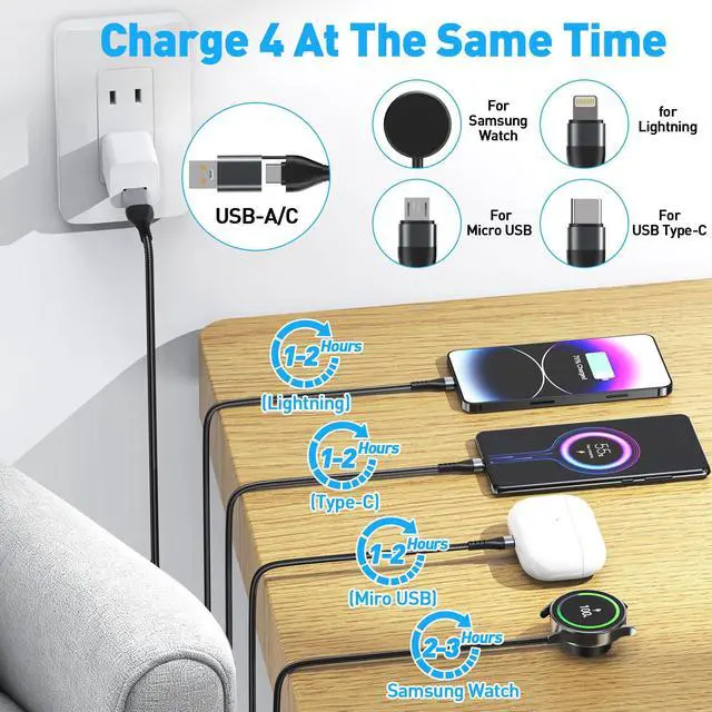 Alt view image 3 of 7 - 100W 4 in 1 Multi Chargers Cable for Samsung Galaxy Watch 8/7 6/5/4/3, Galaxy w-atch Classic 8/7/6/5/4, 10FT Magnetic Samsung Watch and Phone Charger with Data Transfer for iPhone 15/14/13/ Galaxy S25