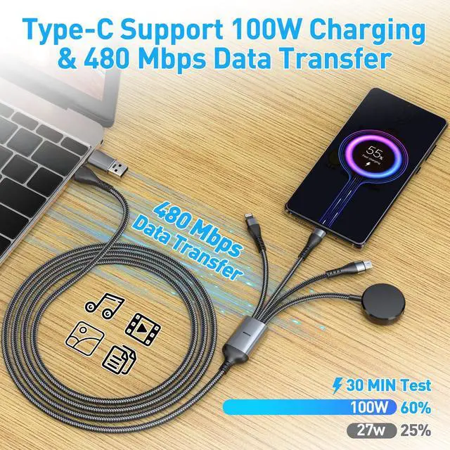 Alt view image 5 of 7 - 100W 4 in 1 Multi Chargers Cable for Samsung Galaxy Watch 8/7 6/5/4/3, Galaxy w-atch Classic 8/7/6/5/4, 10FT Magnetic Samsung Watch and Phone Charger with Data Transfer for iPhone 15/14/13/ Galaxy S25