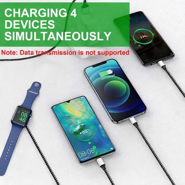 Alt view image 2 of 7 - Multi Charging Cable for Apple Watch Charger (6FT) 4 in 1 Braided Cord for Multiple Devices, USB C/Micro/Multi Charger Compatible with iWatch Series 111, iPhone 17/16/15/14, iPad