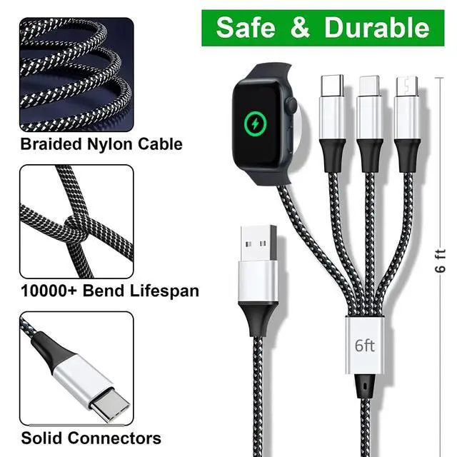 Alt view image 4 of 7 - Multi Charging Cable for Apple Watch Charger (6FT) 4 in 1 Braided Cord for Multiple Devices, USB C/Micro/Multi Charger Compatible with iWatch Series 111, iPhone 17/16/15/14, iPad
