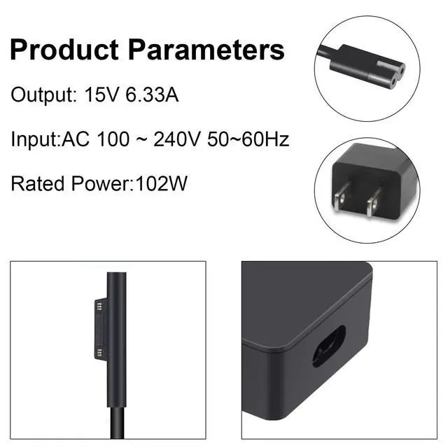 Alt view image 3 of 7 - 102W Microsoft Surface Book Charger, 15V 6.33A Power Supply for Surface Book 3/2/1, Surface Laptop 5/4/3/2, Surface Pro X/9/8/7/6/5th/4/3/2, Surface Go 3/2