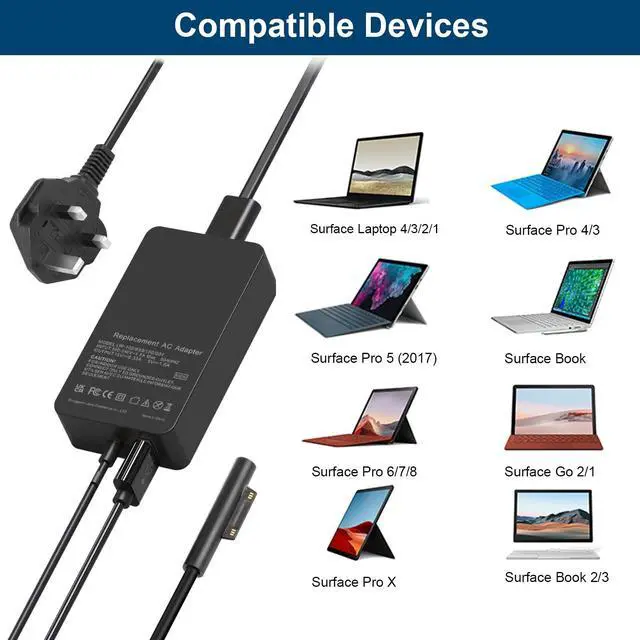 Alt view image 5 of 7 - 102W Microsoft Surface Book Charger, 15V 6.33A Power Supply for Surface Book 3/2/1, Surface Laptop 5/4/3/2, Surface Pro X/9/8/7/6/5th/4/3/2, Surface Go 3/2