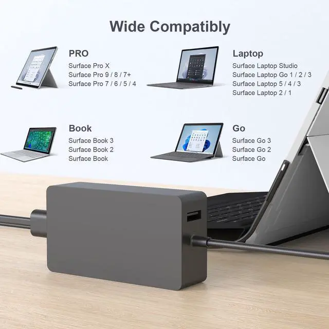 Alt view image 2 of 7 - Surface Book 2 Charger, 102W 15V 6.33A Surface Laptop Power Supply Compatible with Microsoft Surface Book 2/3 Surface Laptop 2/3/4/5 Surface Pro 9/8/7/6/5 DC Cable 5.9ft with USB 5V 1.5A