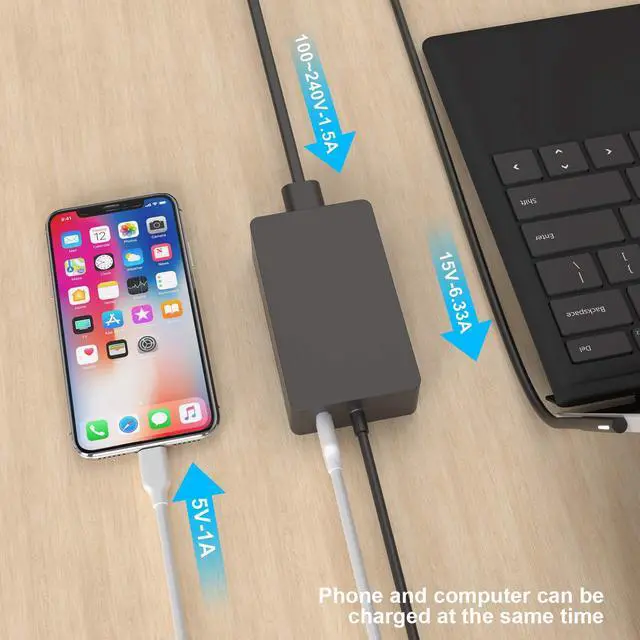 Alt view image 4 of 7 - Surface Book 2 Charger, 102W 15V 6.33A Surface Laptop Power Supply Compatible with Microsoft Surface Book 2/3 Surface Laptop 2/3/4/5 Surface Pro 9/8/7/6/5 DC Cable 5.9ft with USB 5V 1.5A