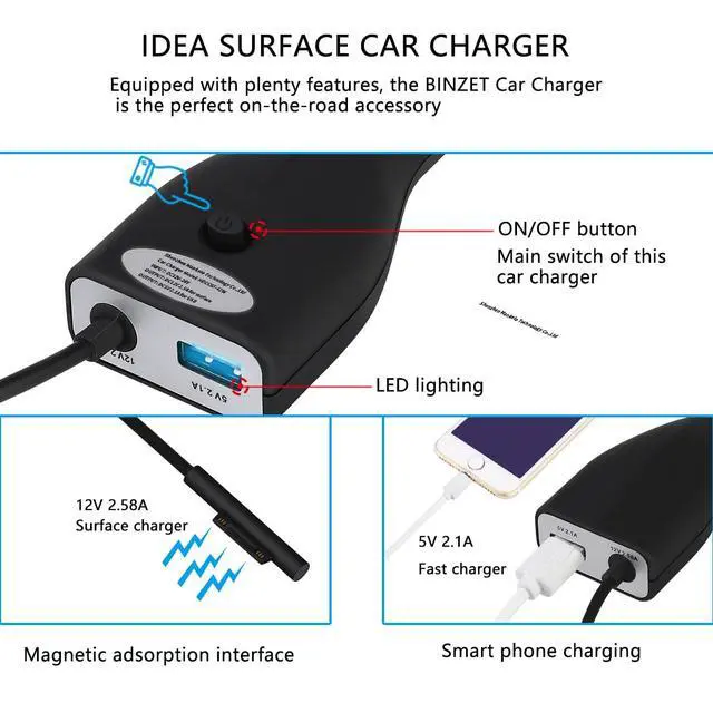 Alt view image 2 of 7 - Surface Car Charger, 42W 12V 2.58A Power Supply for Microsoft Surface Pro 3/Pro 4/Pro 5/Pro 6, Surface Book, Surface Go, Surface Laptop with 5V 2.1A USB Charging Port (5Ft Cord)