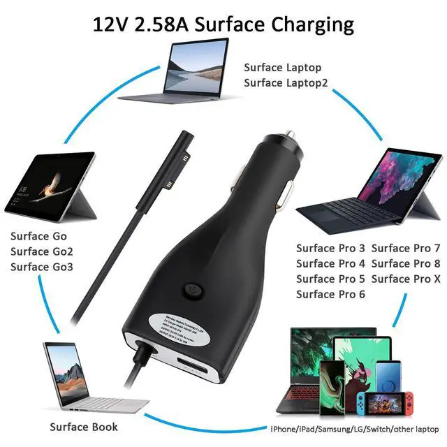 Alt view image 5 of 7 - Surface Car Charger, 42W 12V 2.58A Power Supply for Microsoft Surface Pro 3/Pro 4/Pro 5/Pro 6, Surface Book, Surface Go, Surface Laptop with 5V 2.1A USB Charging Port (5Ft Cord)