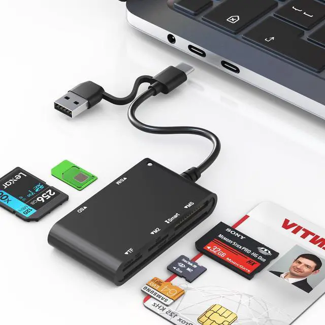 Main image of USB C/A Smart Card Reader and Memory Card Adapter 7 in 2 CAC Reader- Military CAC, SIM, SD/TF/MS Pro Duo/M2/IC/PIV Card Reader for Windows/Mac/Linux, Plug and Play