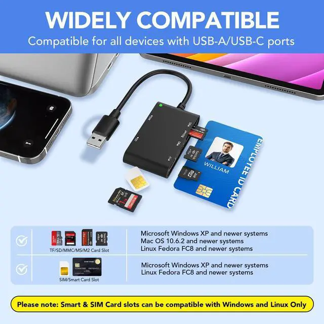Alt view image 5 of 7 - USB C/USB A SIM Card Reader- 7 in 2 CAC Smart Card Reader Military, MS Pro Duo/SD/TF/M2/ID/IC/PIV/Sim Card Adapter, SIM Card Reader for iPhone 17/16/15/iPad/PC/Laptop/Windows/Linux