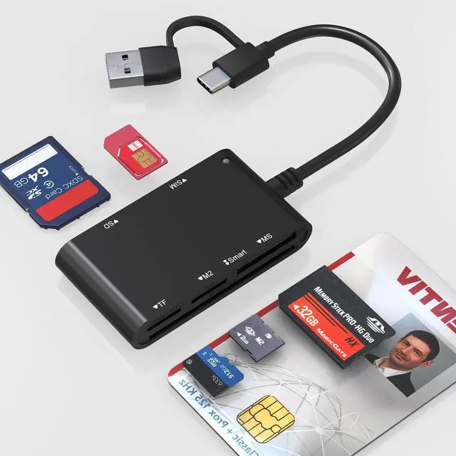 Main image of USB C/A SIM Card Adapter Smart Card Reader - 7 in 2 CAC Reader Military & MS Pro Duo/SD/TF/M2/ID/IC/PIV/SIM Card Reader, Memory Stick Pro Duo Adapter CAC Card Reader USB C for Windows, Linux, MacOS