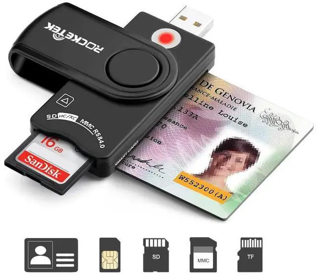 Main image of USB Smart Card Reader, Rocketek DOD Military USB Cac Memory Card Reader Compatible with Windows, Linux/Unix, MacOS X - Build In SDHC/SDXC/SD Card Reader and Micro SD Card Reader