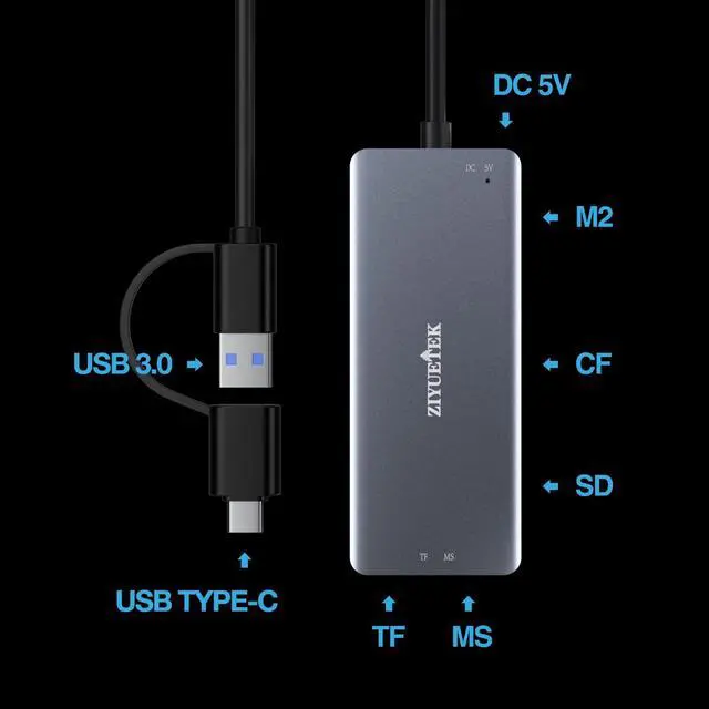 Alt view image 2 of 7 - USB C USB3.0 SD Card Reader, 5in1 Multi Card Reader for SD/TF/CF/Micro SD/MS/M2, Drive Free for iPhone 15 pro max/Windows/Mac/Linux/Android (USB3.0 and Type-C)