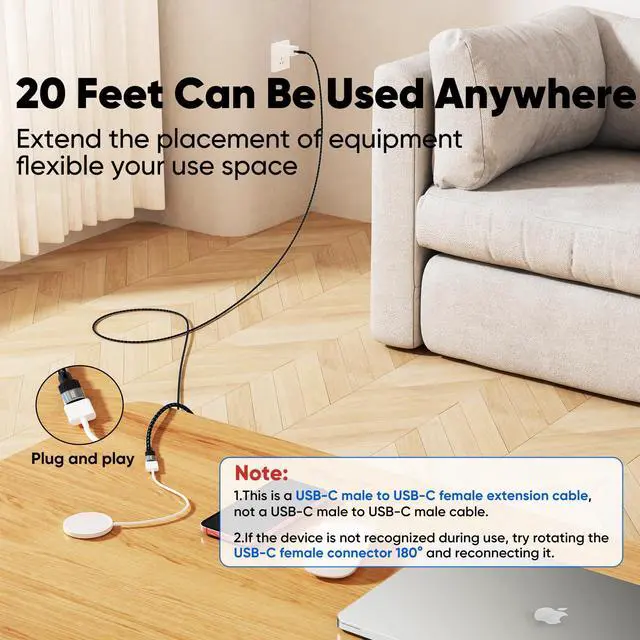 Alt view image 2 of 7 - USB C Extension Cable 20ft Extra Long 4K@60Hz Display 100W Charging 5Gbps Data Transfer USB-C Male to Female Durable Braided Cord for Phones Tablet Laptop Camera Monitor etc.