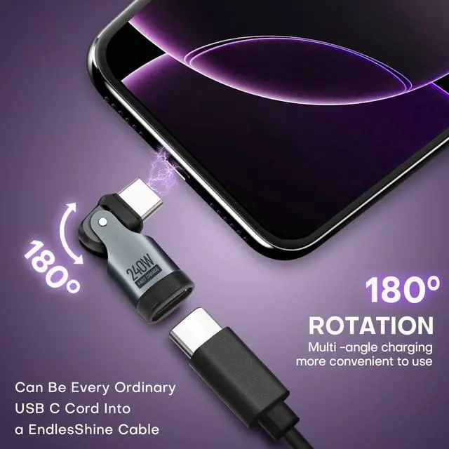 Alt view image 3 of 7 - USB Adapter Type C to C Right Angle 180° Rotation PD 240W 4 Pack USB2.0 480Mbps Phone OTG Fast Charge Adapters with LED Indicator for Type-C Devices (Black)