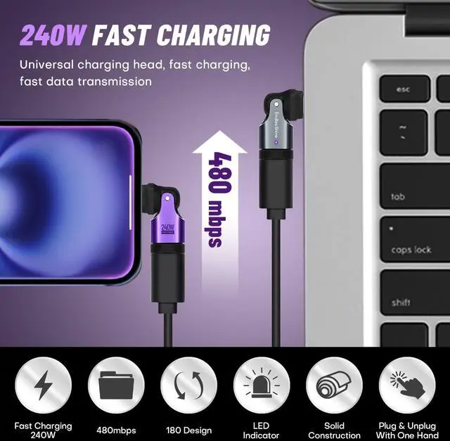 Alt view image 6 of 7 - USB Adapter Type C to C Right Angle 180° Rotation PD 240W 4 Pack USB2.0 480Mbps Phone OTG Fast Charge Adapters with LED Indicator for Type-C Devices (Black)