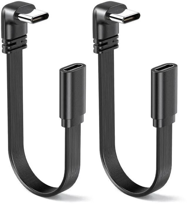 Main image of 2Pack 90 Degree USB2.0 C Male to Female Extension Cable 8 Inch, Rightangle USBC Adapter, 100W Fast Charging, 480Mbps Flexible & Soft Flat Type-C Extender Cord (Not Supported Video and USB3.0)