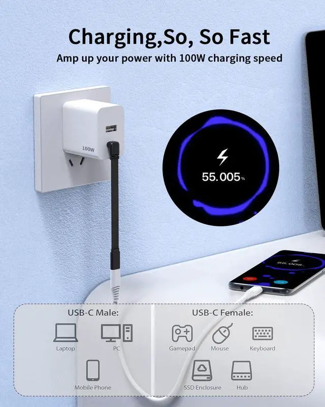 Alt view image 2 of 7 - 2Pack 90 Degree USB2.0 C Male to Female Extension Cable 8 Inch, Rightangle USBC Adapter, 100W Fast Charging, 480Mbps Flexible & Soft Flat Type-C Extender Cord (Not Supported Video and USB3.0)