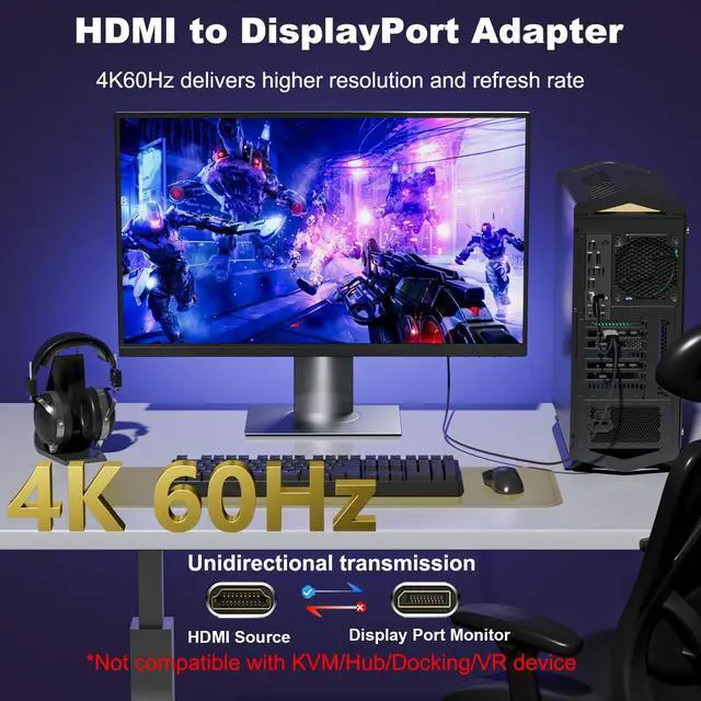 Alt view image 2 of 7 - Active HDMI to DisplayPort Adapter (4K 60Hz 1080p 120Hz), Unidirectional HDMI Source to DP Monitor Display Port Adapter Compatible for NVIDIA, AMD, PS5/4, Xbox, PC, Laptop, Computer