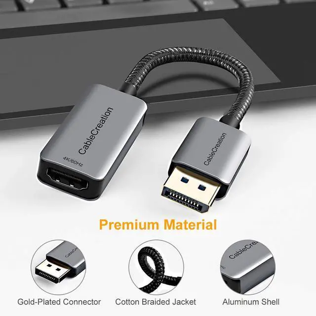 Alt view image 2 of 7 - Active DP to HDMI Adapter HDR 4K@60Hz 2K@144Hz 1080P@144Hz, Braided DisplayPort 1.4 to HDMI 4K Converter (Male to Female), Support Eyefinity Multi-Display, Aluminum