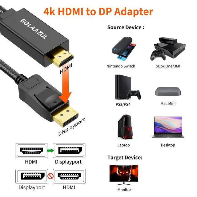 Alt view image 3 of 7 - Active 4K HDMI to Displayport 1.2 Converter Adapter Cable, from HDMI Source to DisplayPort Monitor Cable - Unidirectional M/M - for PS3/PS4/TV/Monitor/Projector