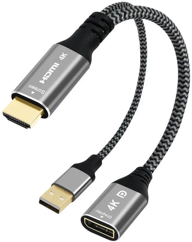 Main image of 4K HDMI to DisplayPort Adapter with USB Powered, Uni-Directional HDMI Male (Source) to DP Female (Screen), 4K@60Hz, Nylon Braided Converter Connector, Compatible with Xbox One, PS4, PS5, AMD - 0.6 FT