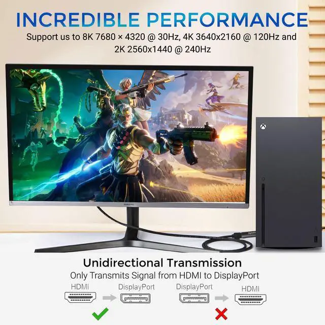 Alt view image 2 of 7 - HDMI to DisplayPort Adapter 8K, HDMI 2.1 to DP 1.4 for HDMI Equipped Systems to Connect to DisplayPort Monitors - Compatible with PS5 Xbox One/X/S and PlayStation 5 and More